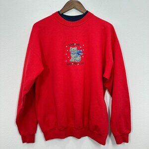 Vintage Embroidered Cat Lady Love My Cat Double Collar Red Blue Sweatshirt Large
